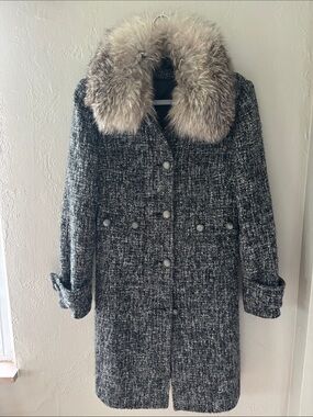 Vintage Y2K Express Black & Gray Tweed Trench Coat with Plush Fox Fur Collar